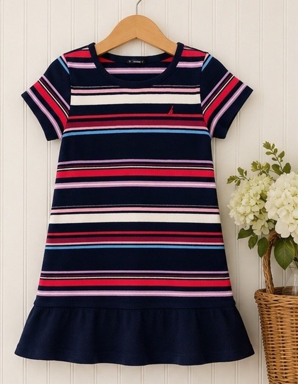 Nautica Dress Girls Size 6X Navy Blue Striped Short Sleeve Cotton Millennial Y2K